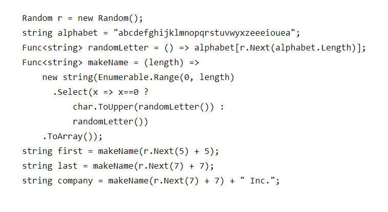 Cover Image for Random names in C# using LINQ and a touch of functional programming